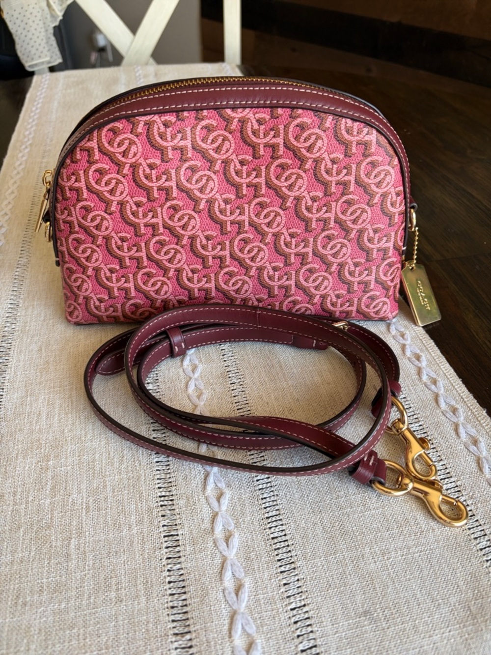 Coach Madi Pink Pattern Monogram Crossbody with Burgundy Strap and Gold Hardware